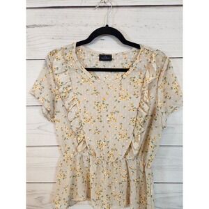 Gemstone‎ Women's Tan Floral Print Crew Neck Short Sleeve Crop Blouse Size Large